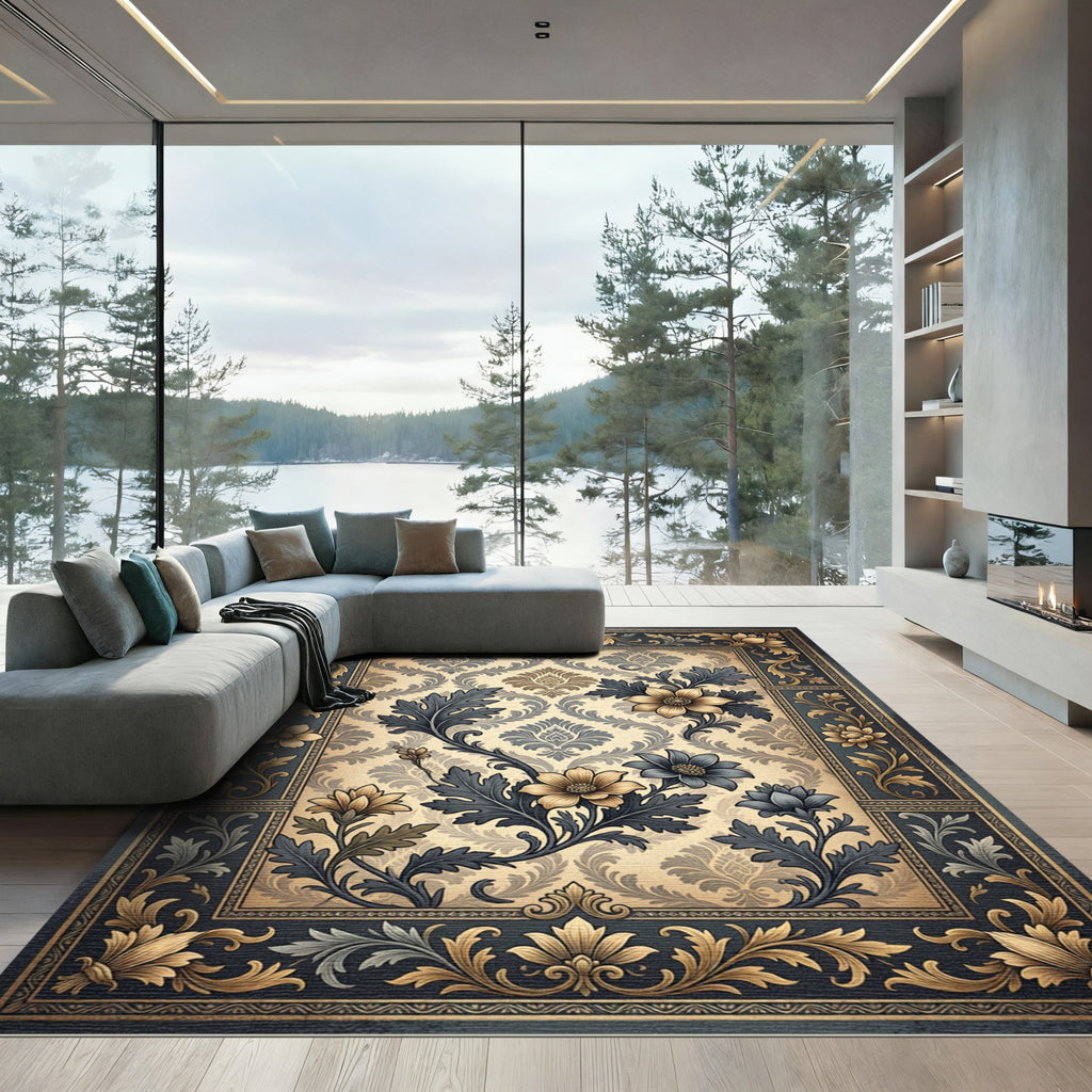Elegant Gold and Navy Floral Damask Rug