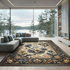 Elegant Gold and Navy Floral Damask Rug
