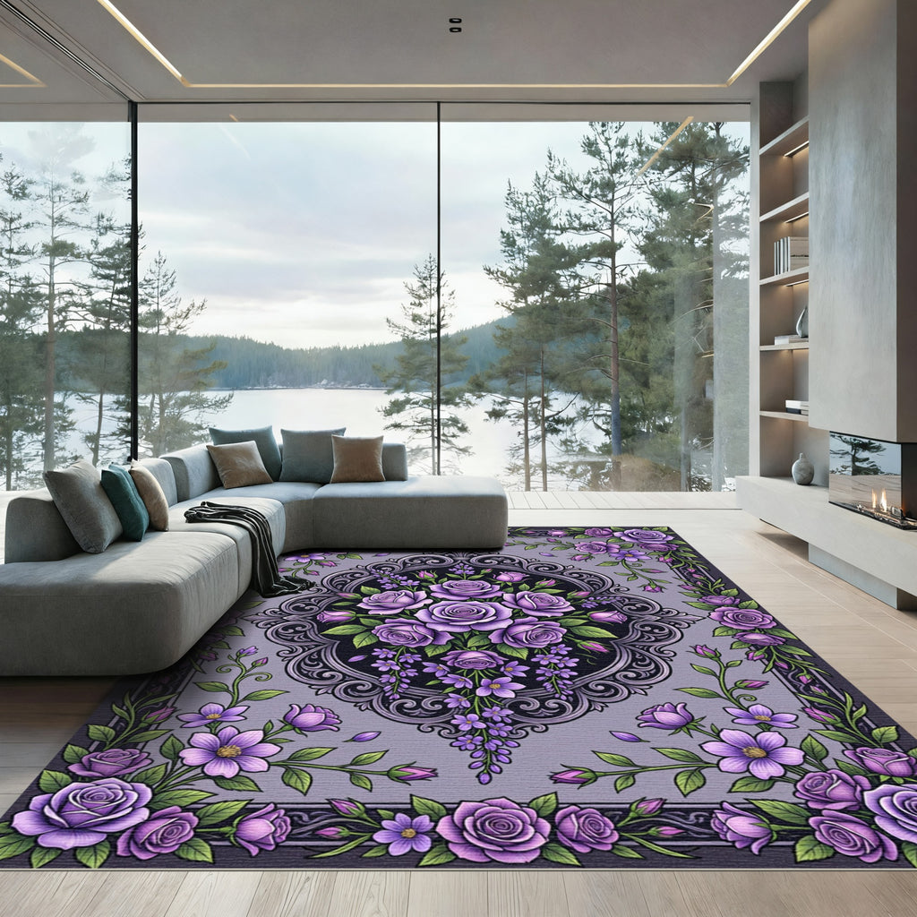 Ornate Violet Rose Victorian Scroll Rug