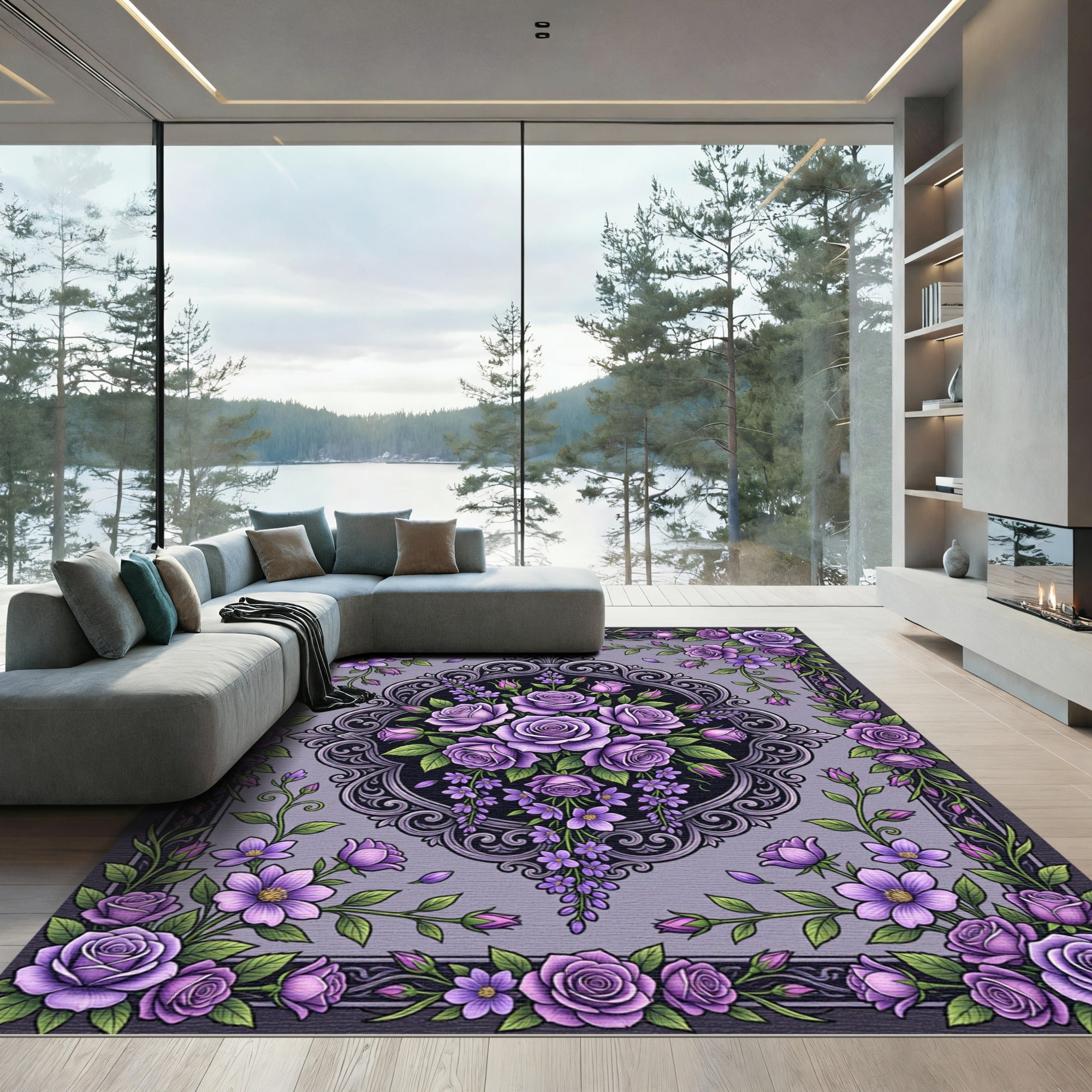 Ornate Violet Rose Victorian Scroll Rug