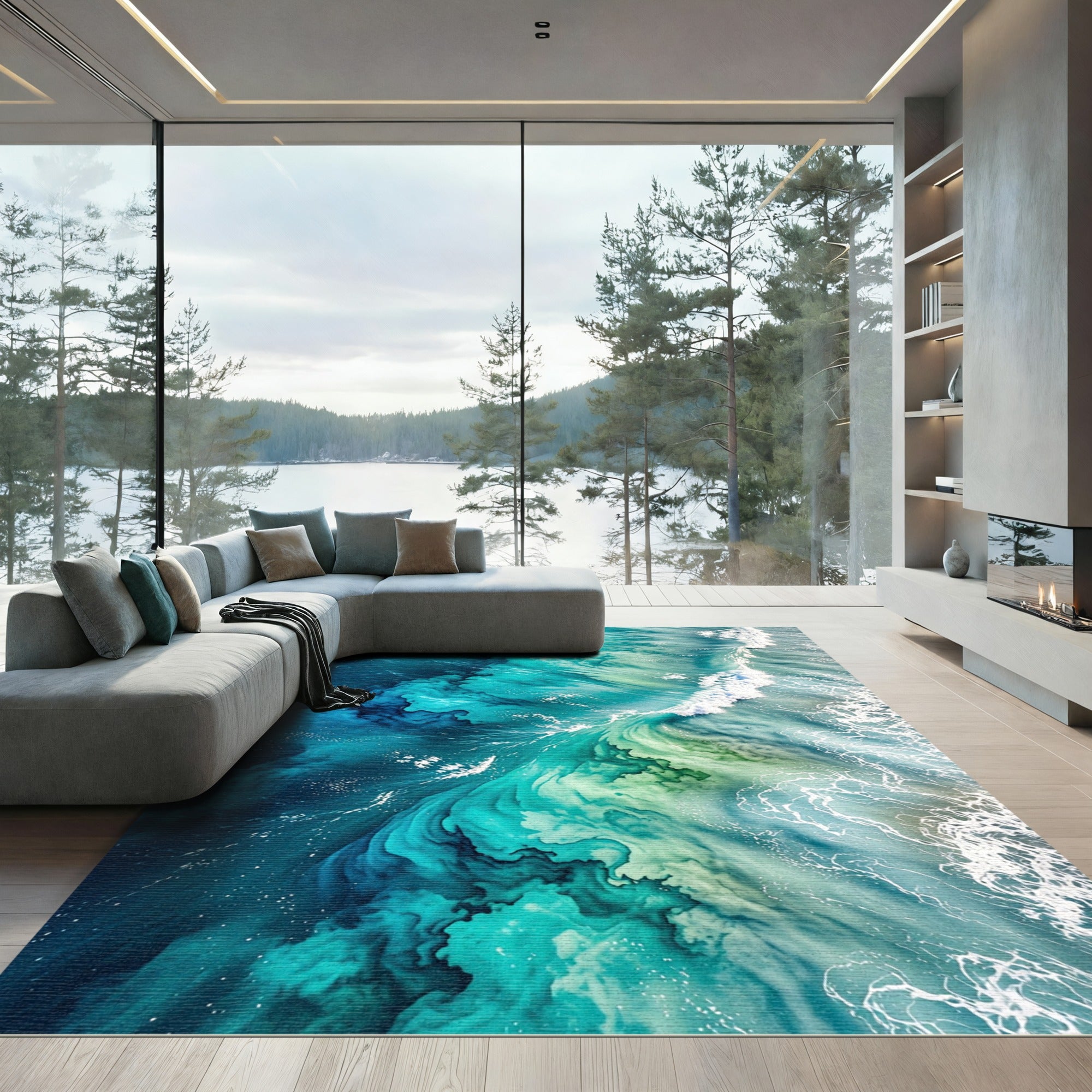 Ocean Swirl Teal Blue Abstract Rug