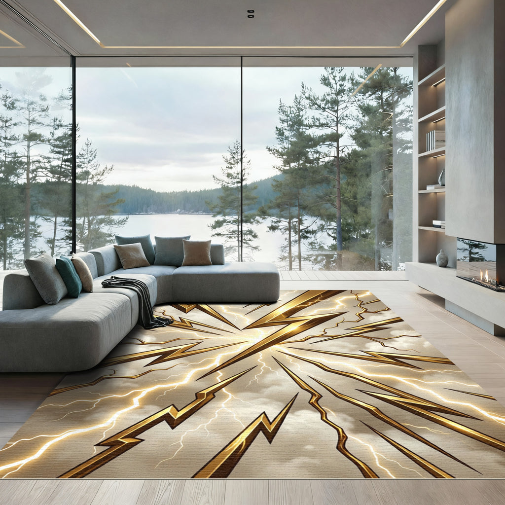 Golden Lightning Bolts Sky Burst Rug