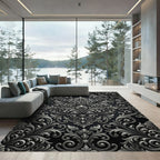Ornate Silver Scrollwork Damask Rug