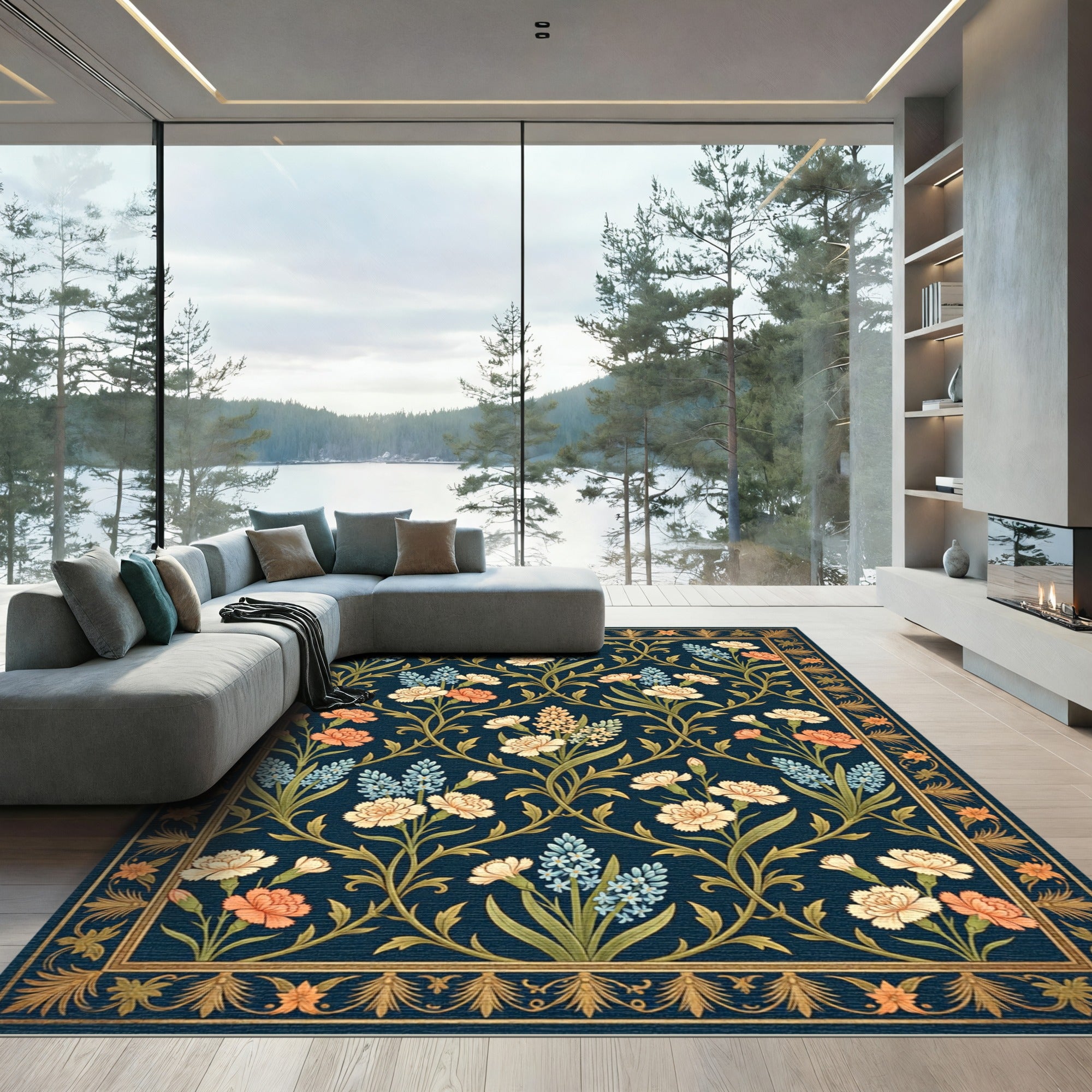 Elegant Navy Floral Botanical Garden Rug