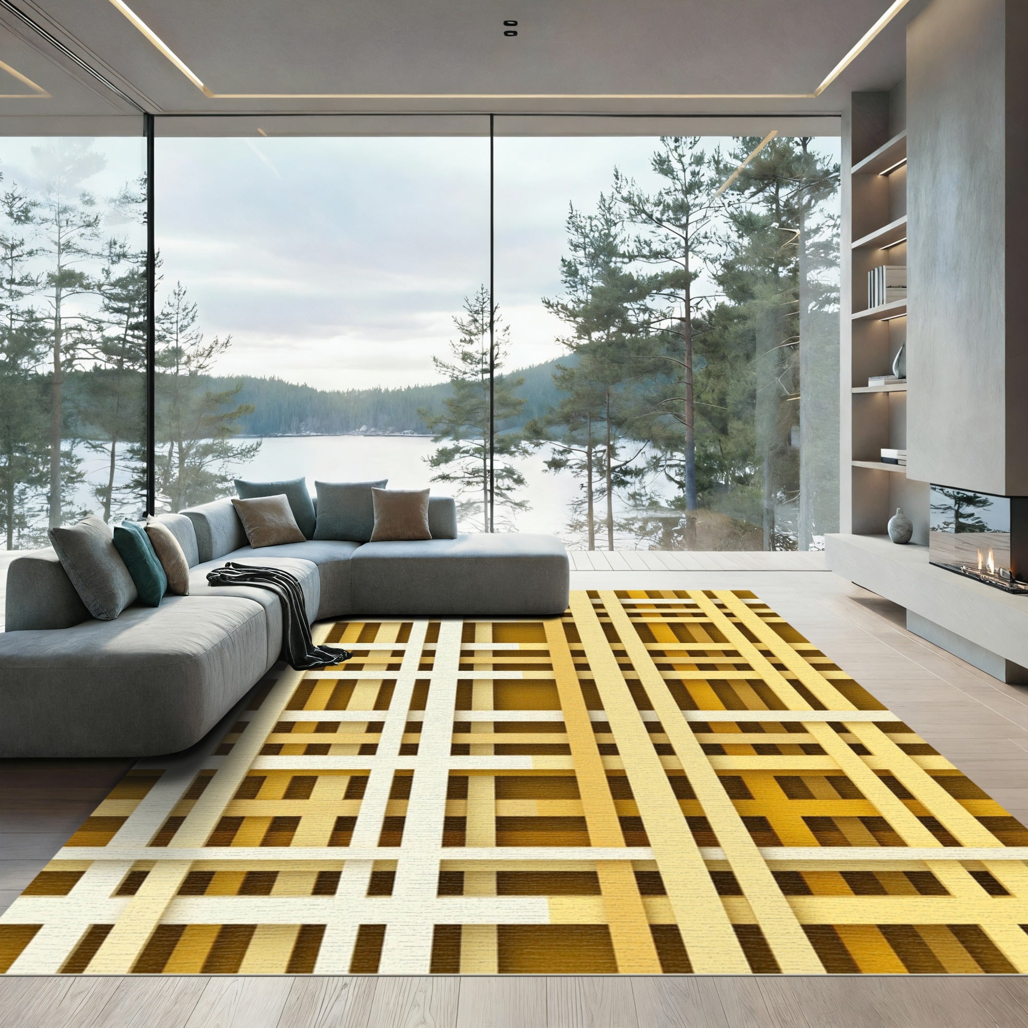 Modern Gold Cream Layered Grid Rug
