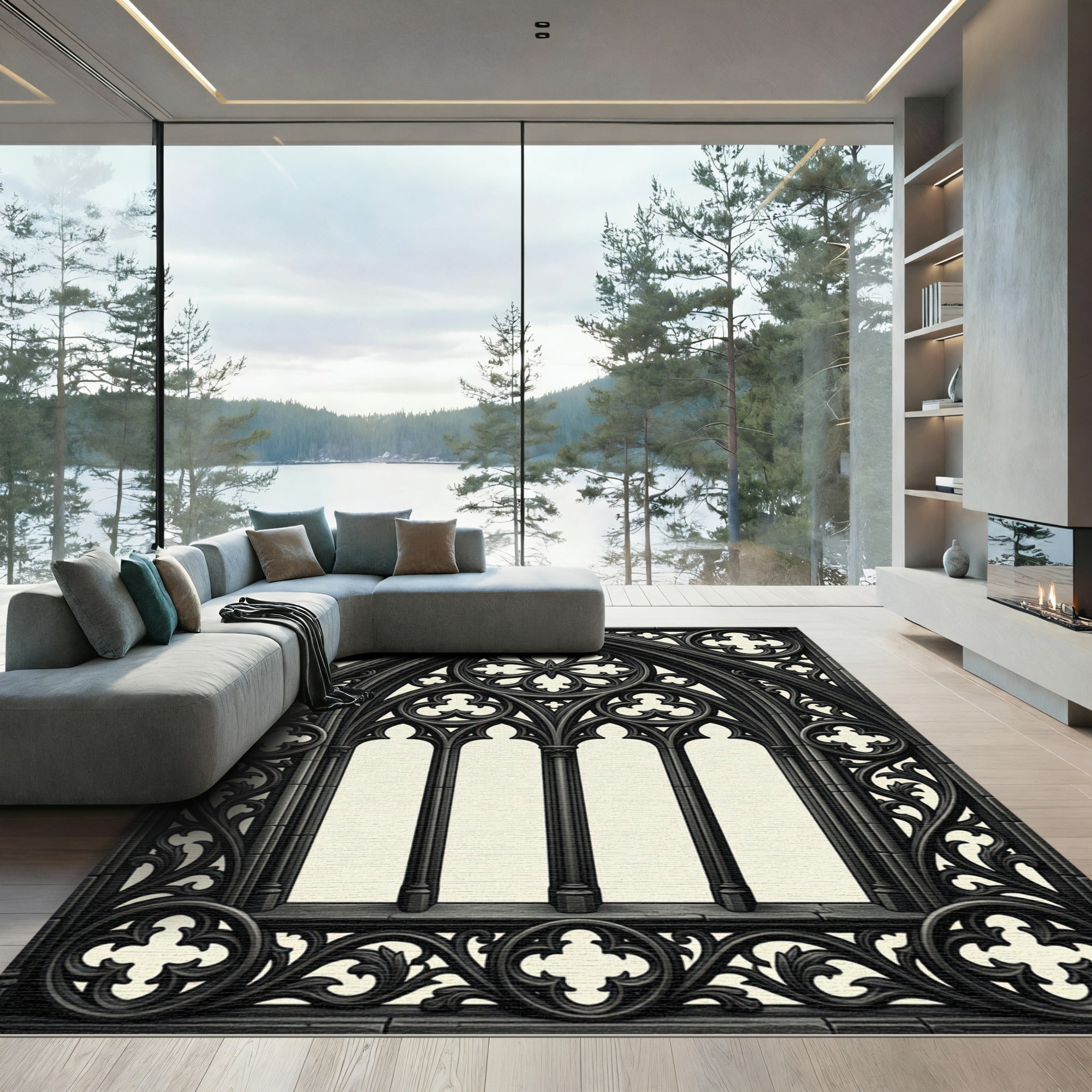 Gothic Arch Charcoal Black Traceries Rug