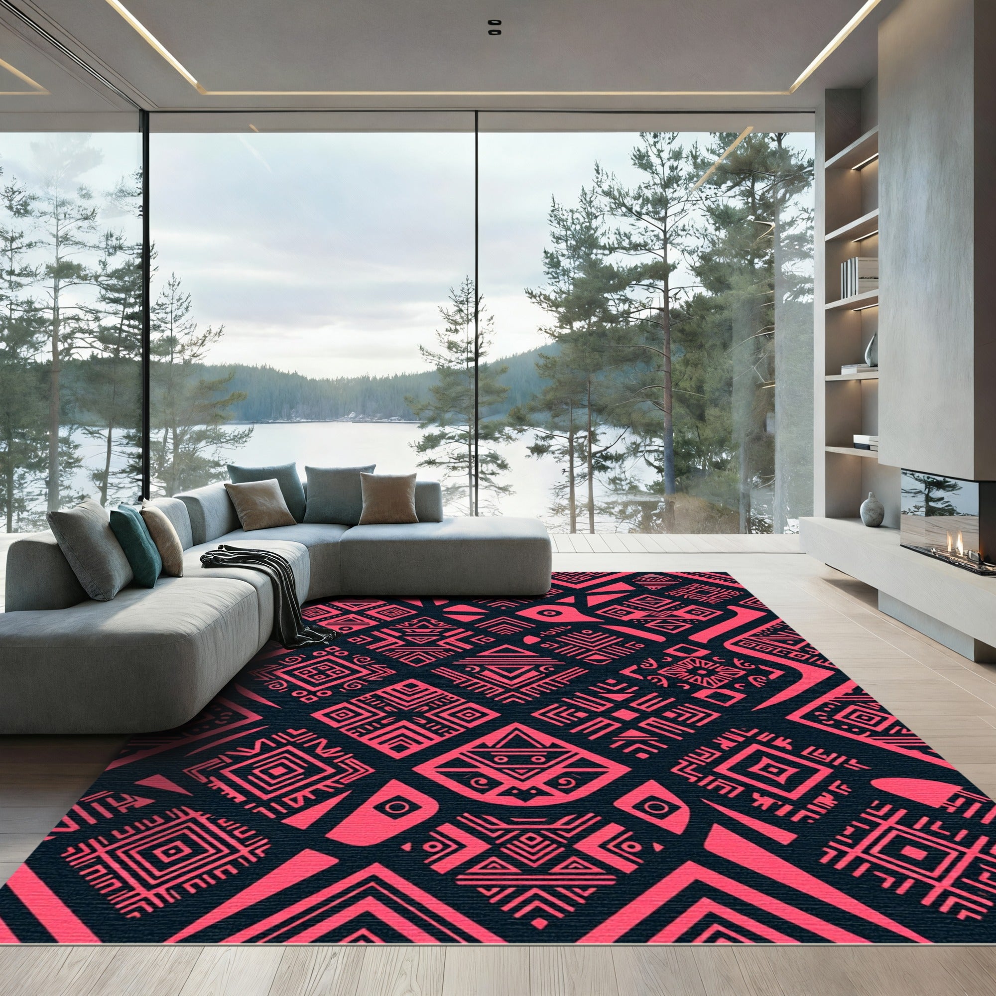 Bold Neon Pink Geometric Tribal Abstract Rug