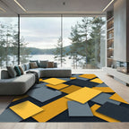 Modern Geometric Yellow Gray Abstract Blocks Rug