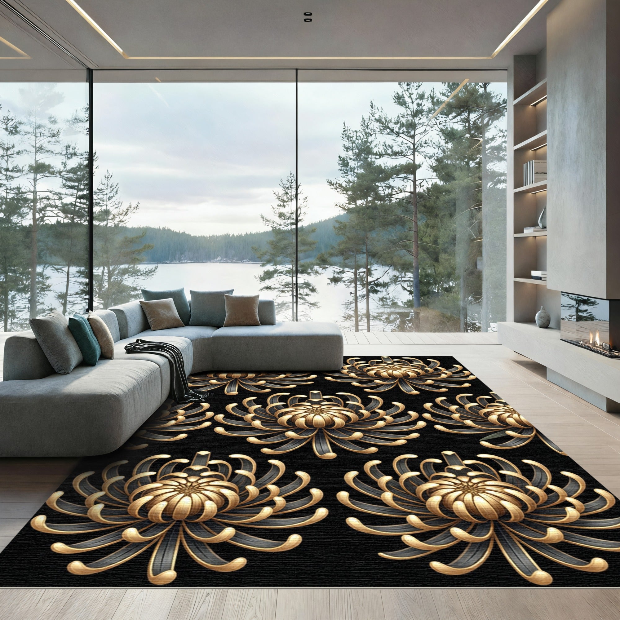 Ornate Gold And Black Chrysanthemum Rug