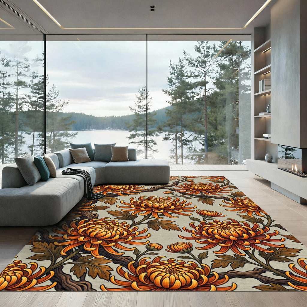Golden Orange Chrysanthemum Blossom Branches Rug
