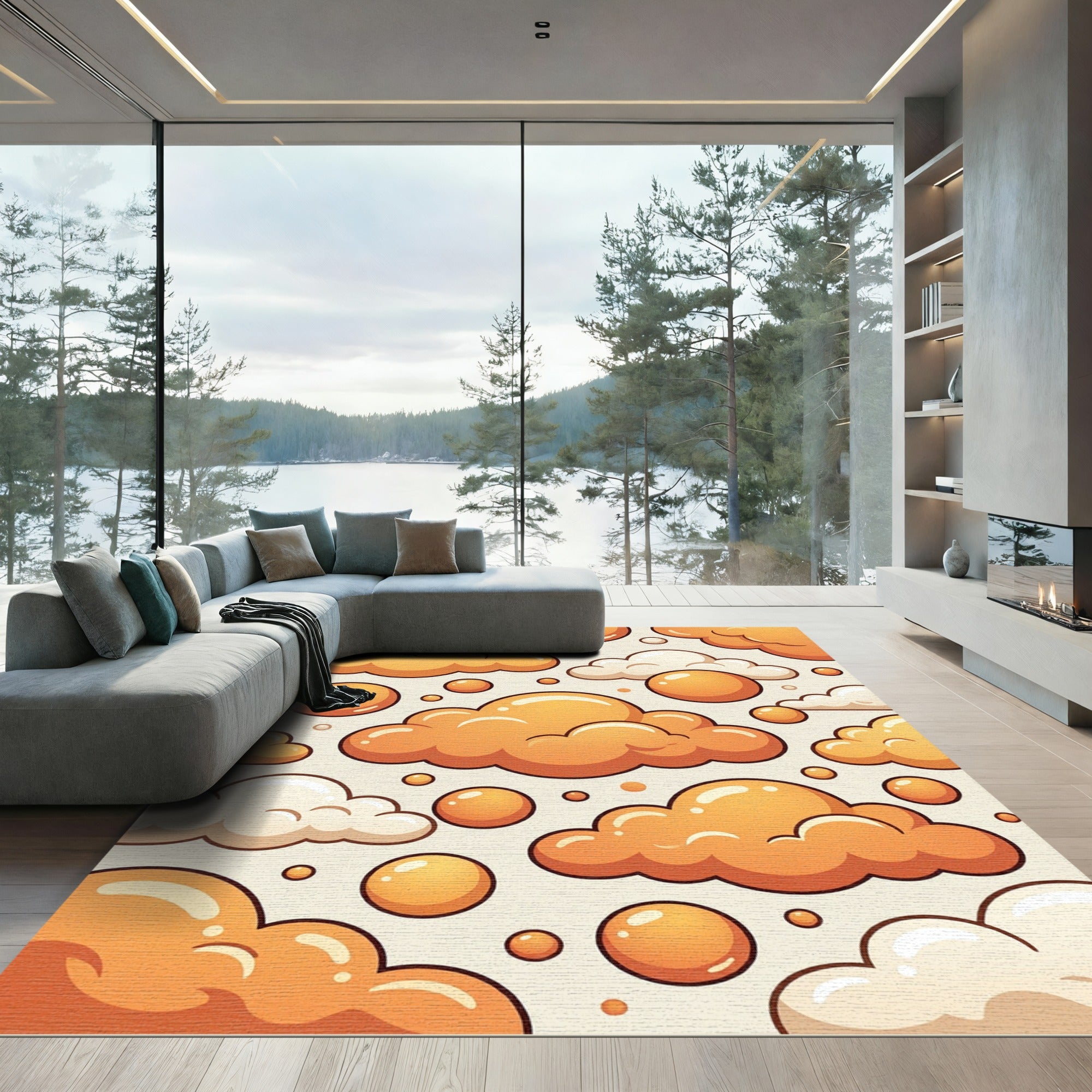 Whimsical Golden Cloudy Sky Bubble Art Rug