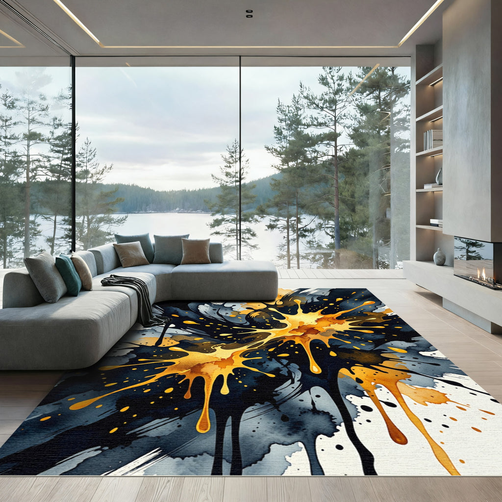 Modern Gold and Ink Abstract Splash Rug