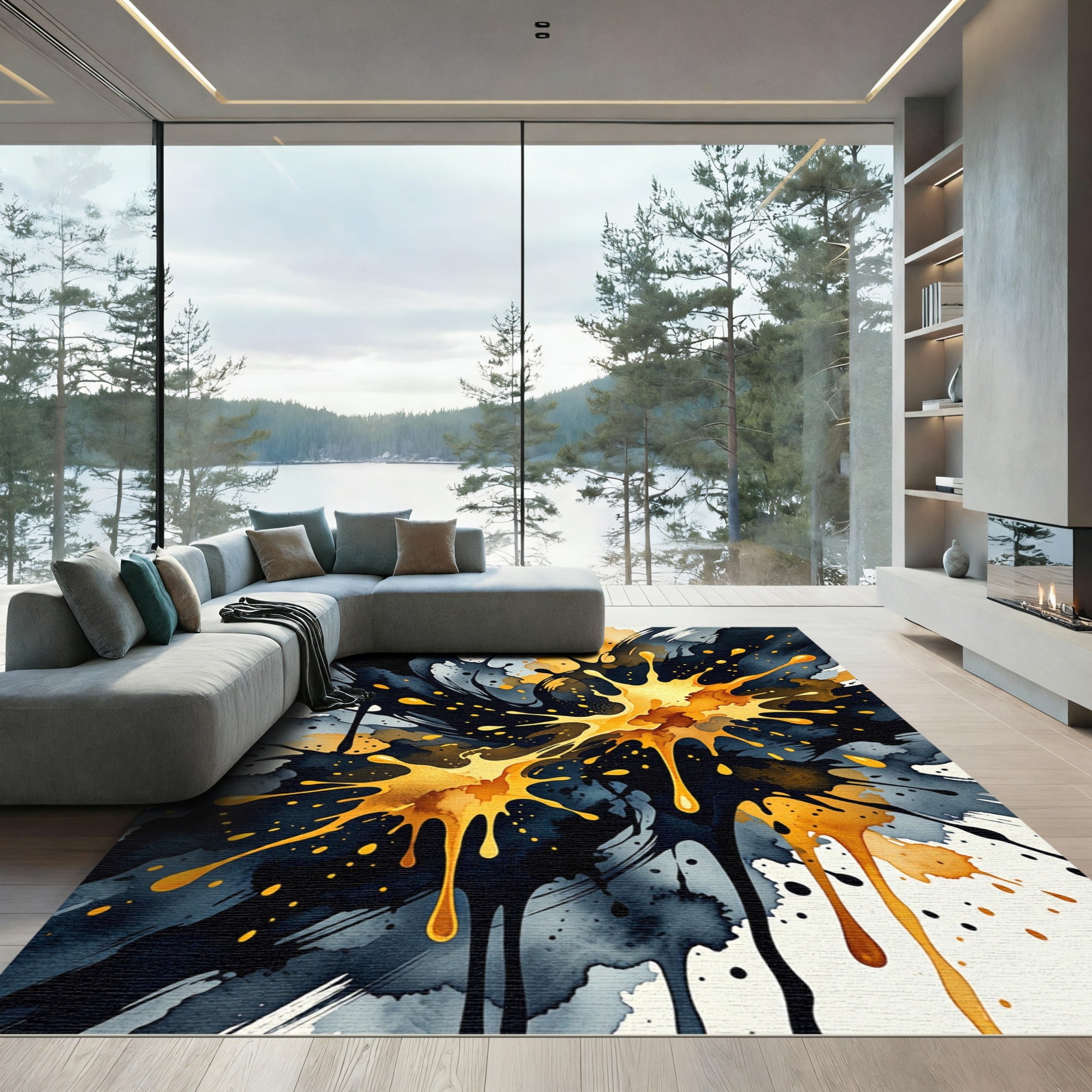 Modern Gold and Ink Abstract Splash Rug