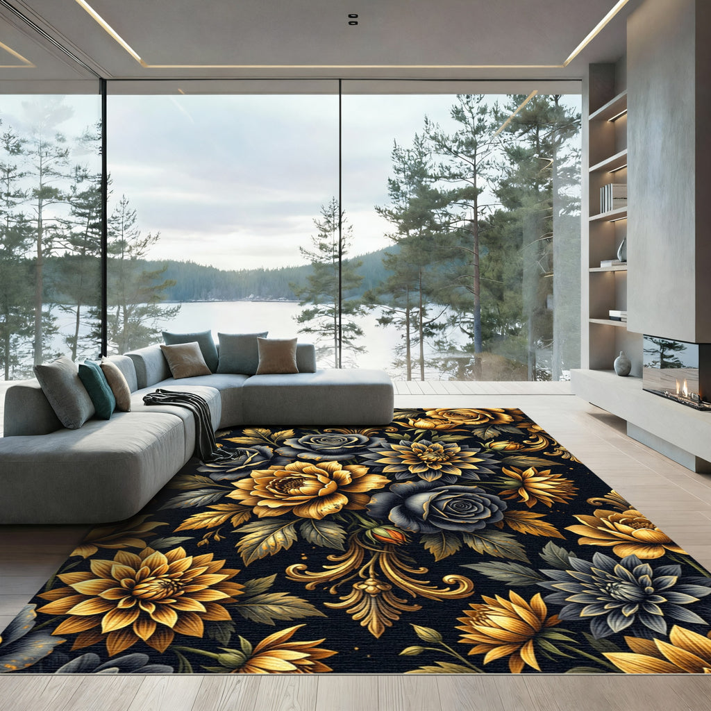 Dark Gold Vintage Floral Arrangement Rug