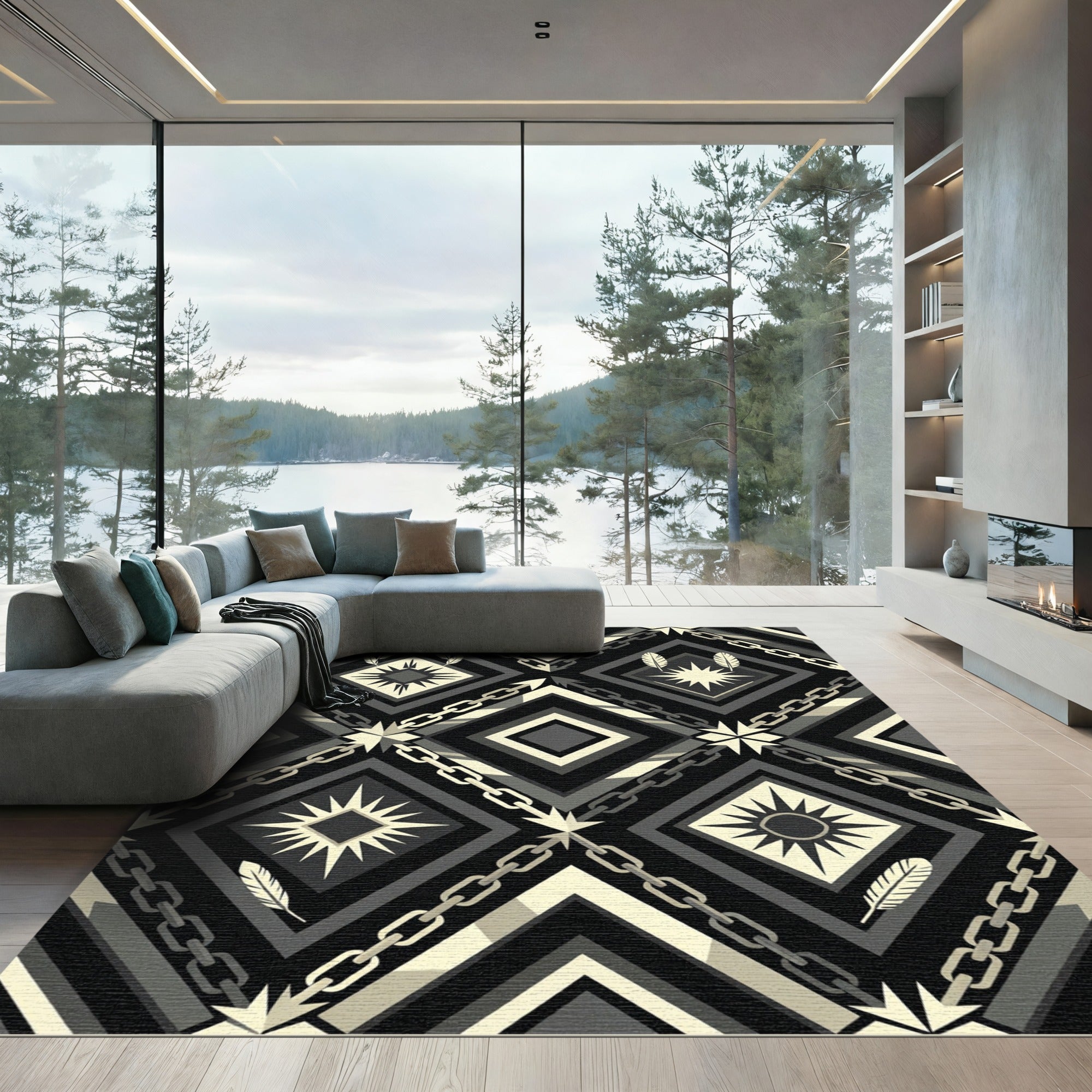 Monochrome Geometric Chain and Feather Rug