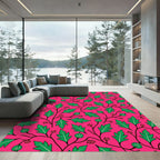 Vibrant Green Leafy Vine Red Flowers Rug