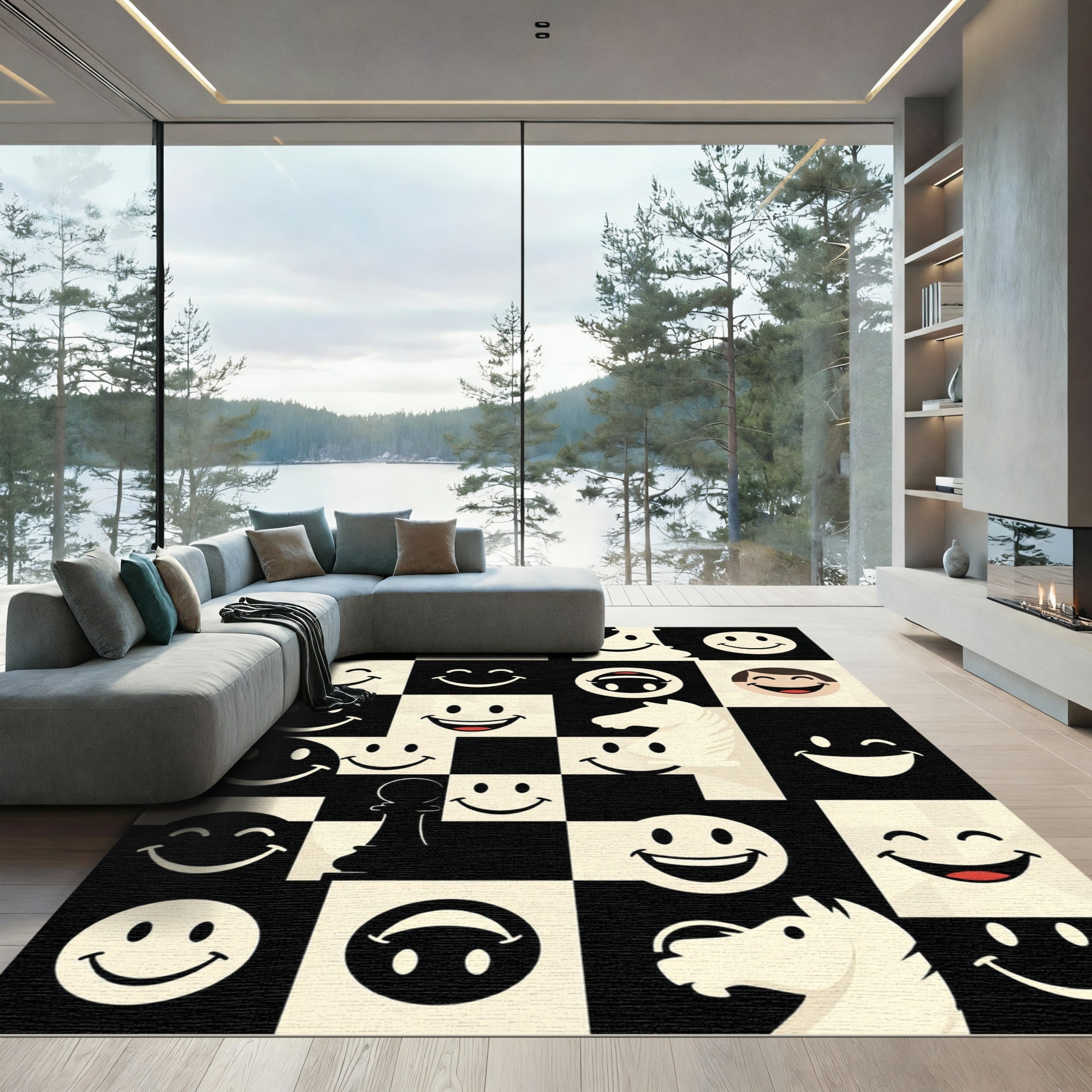 Playful Monochrome Chess Smiley Face Art Rug