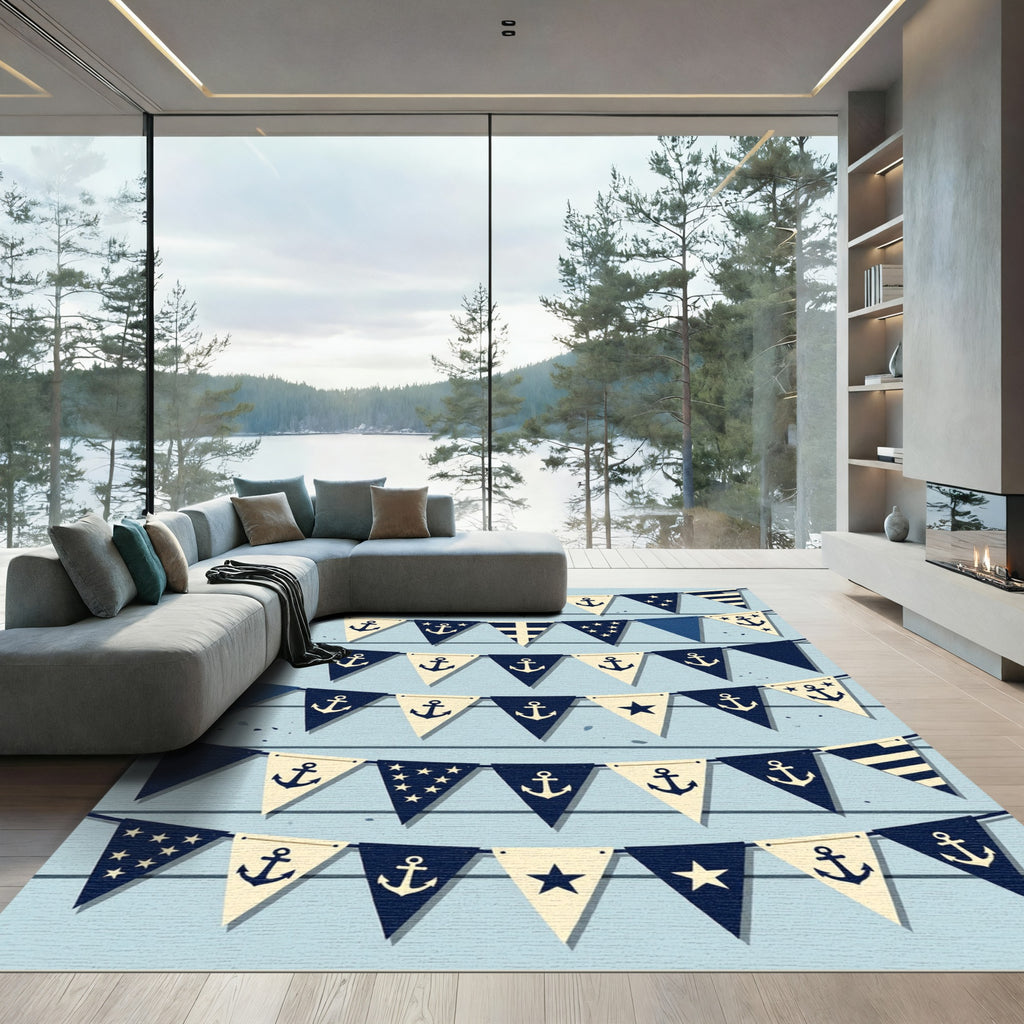 Nautical Navy Cream Anchor Pennant Banner Rug