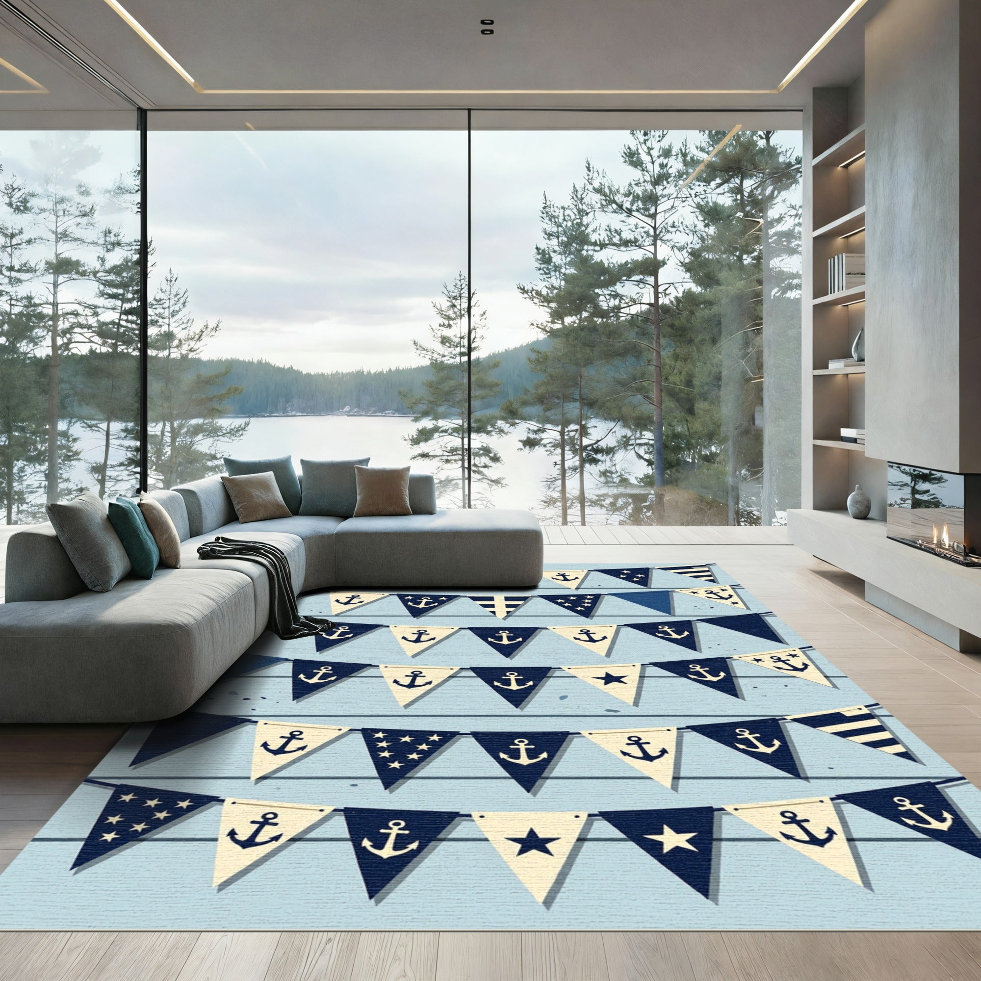 Nautical Navy Cream Anchor Pennant Banner Rug