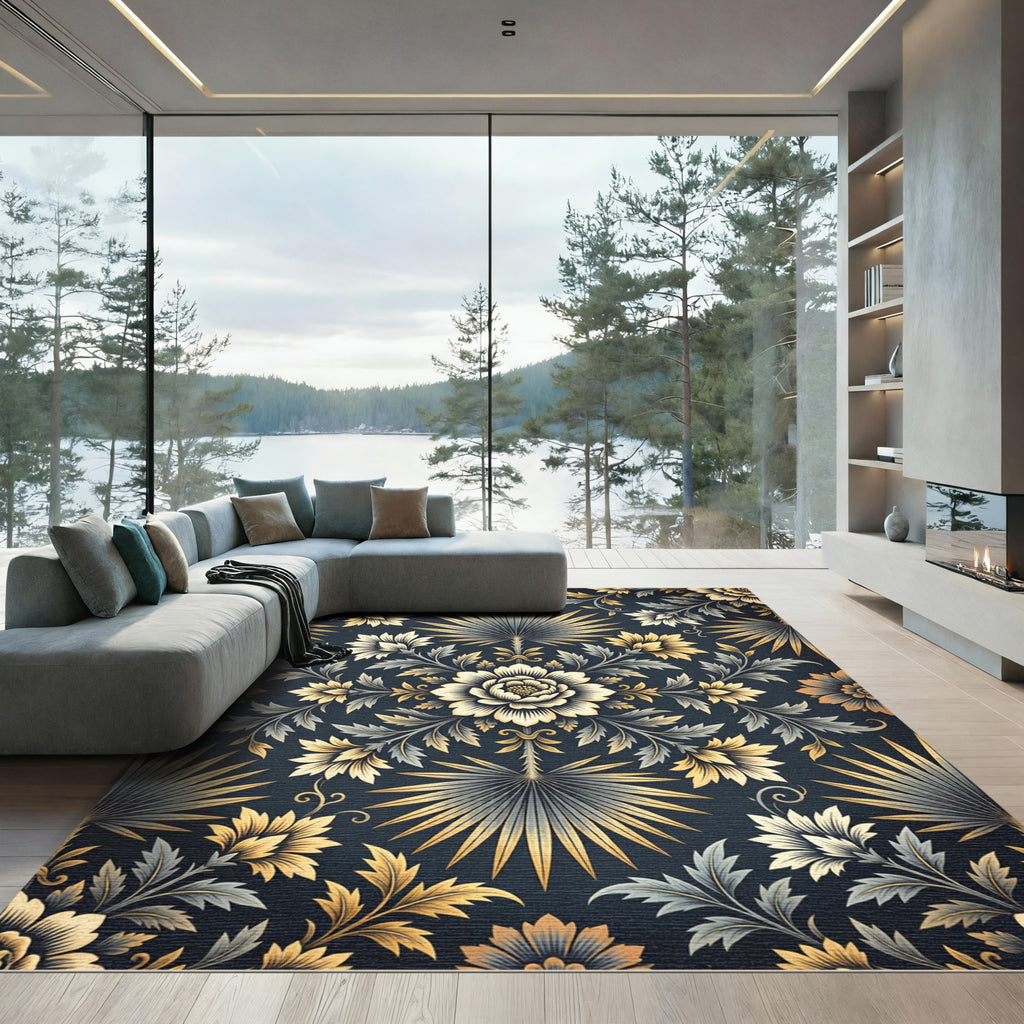 Elegant Gold and Charcoal Botanical Medallion Rug