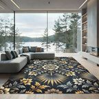 Elegant Gold and Charcoal Botanical Medallion Rug