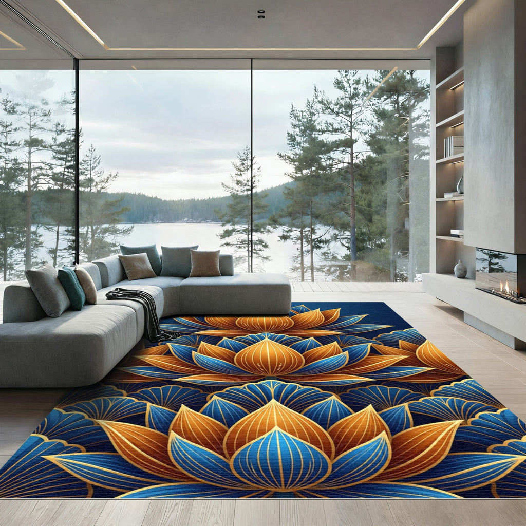 Elegant Navy and Gold Lotus Art Rug