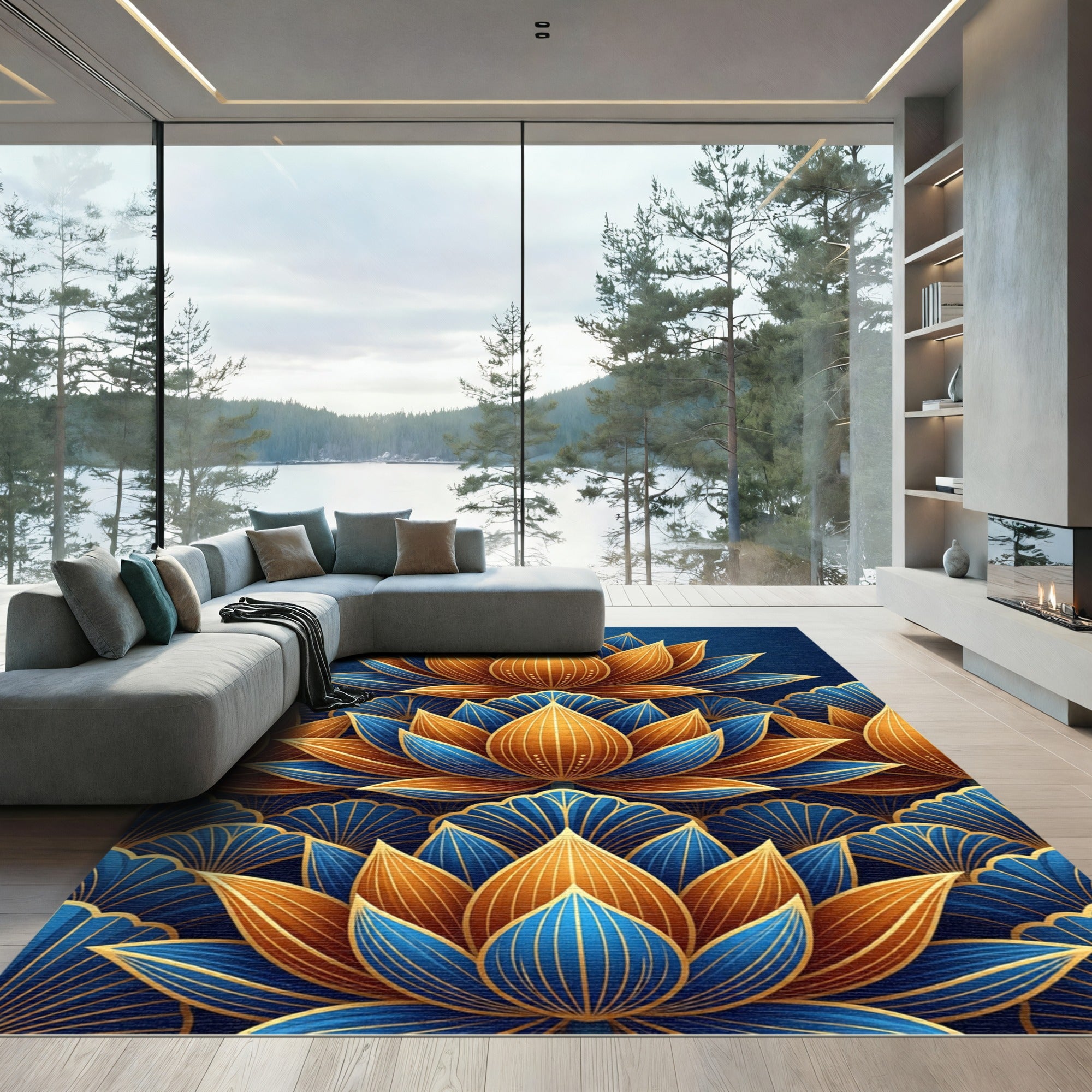 Elegant Navy and Gold Lotus Art Rug