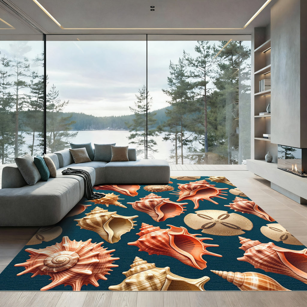 Teal Coastal Seashell Ocean Life Rug