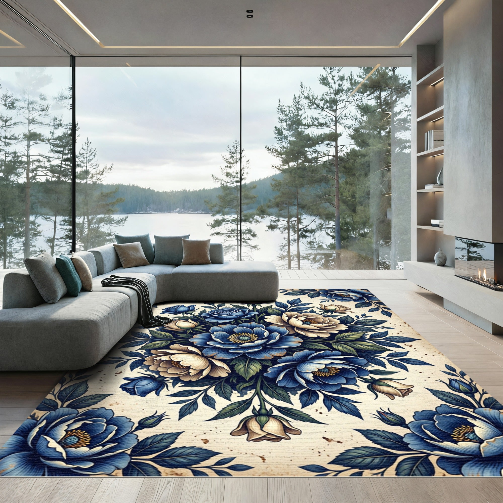 Classic Blue Cream Rose Bouquet Rug