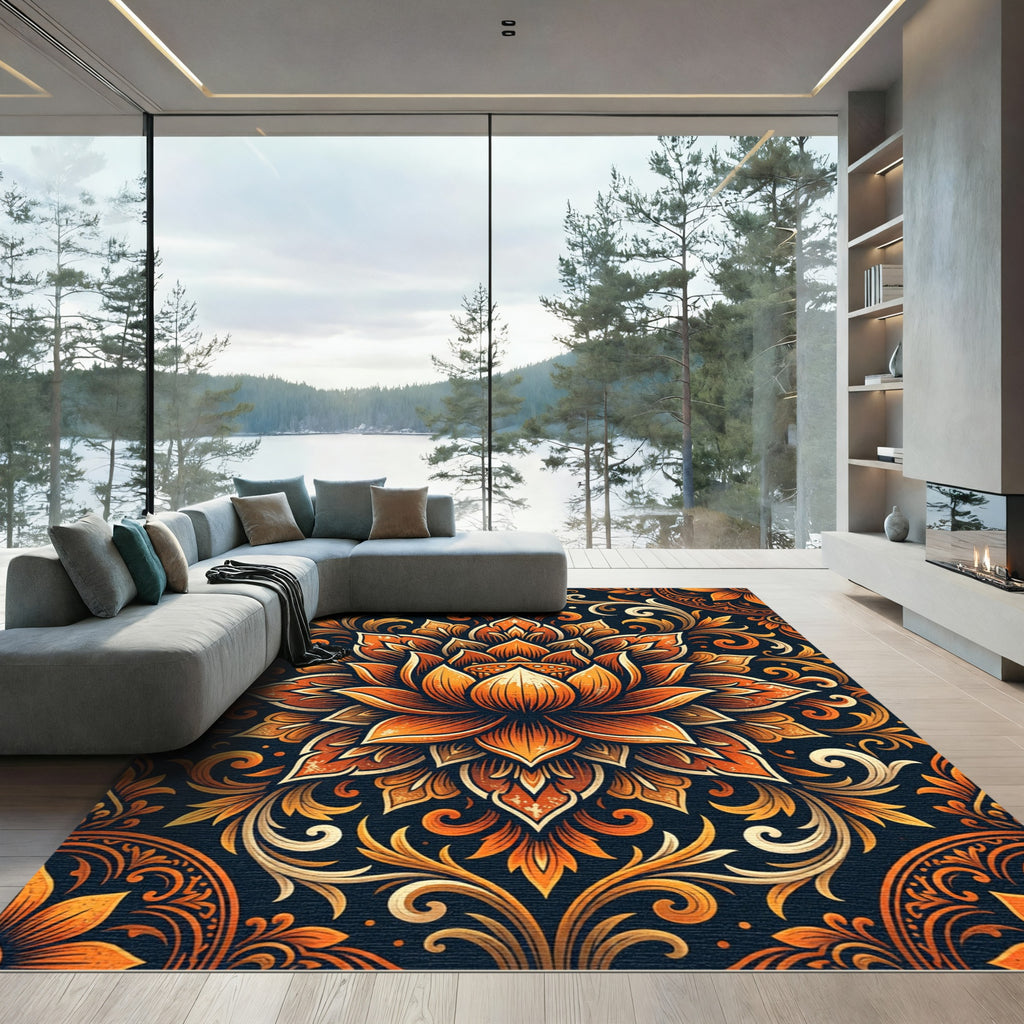 Ornate Amber Lotus Floral Medallion Rug