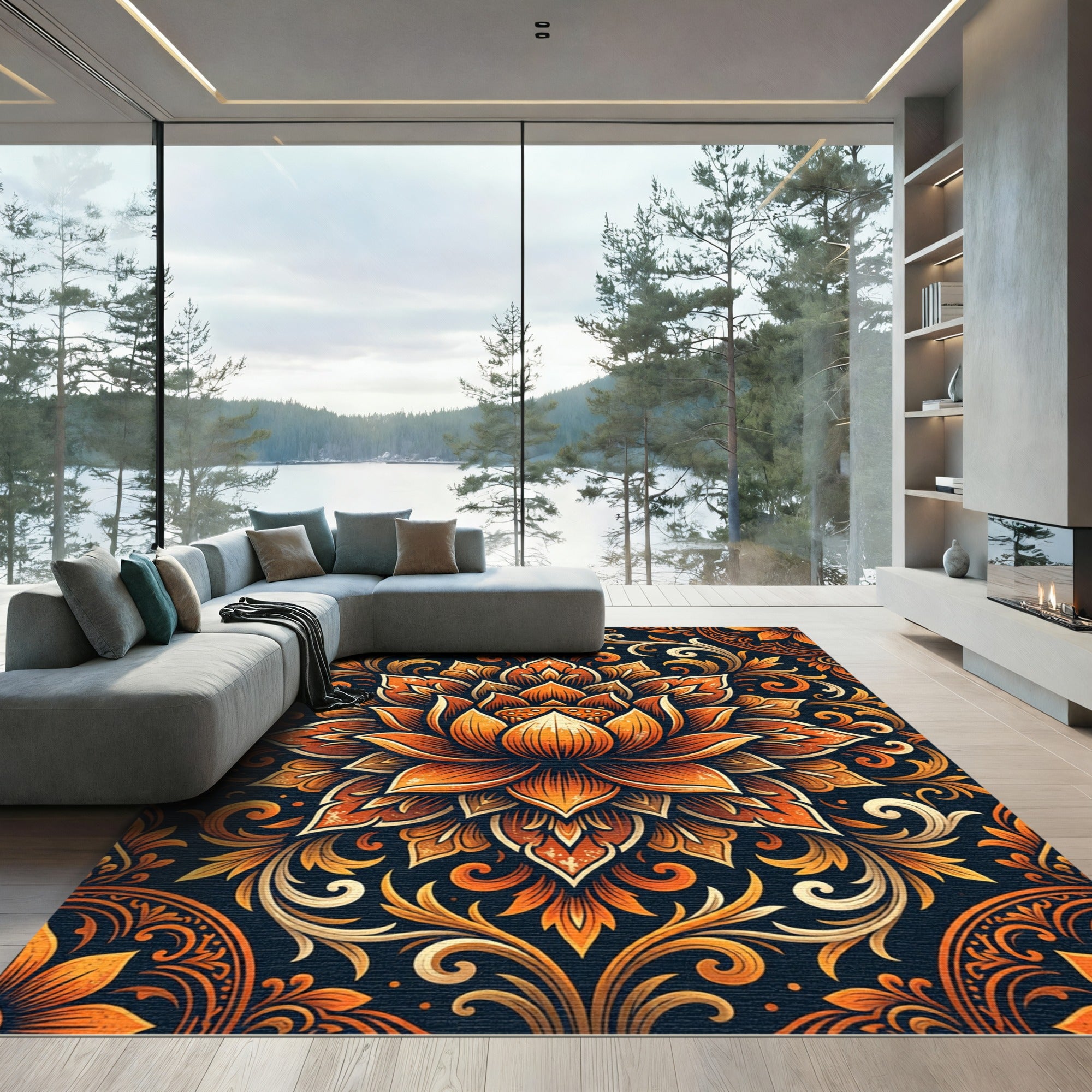 Ornate Amber Lotus Floral Medallion Rug