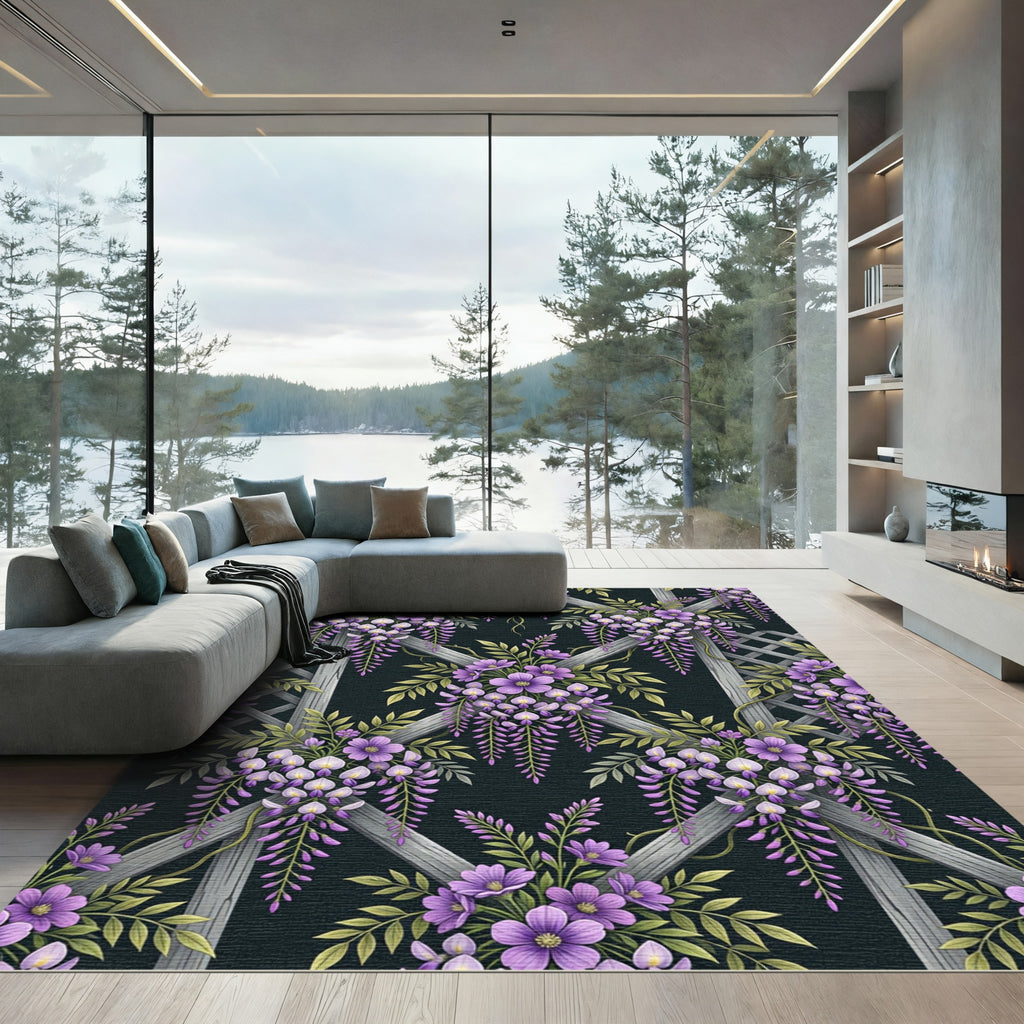 Purple Wisteria Lattice Garden Floral Rug