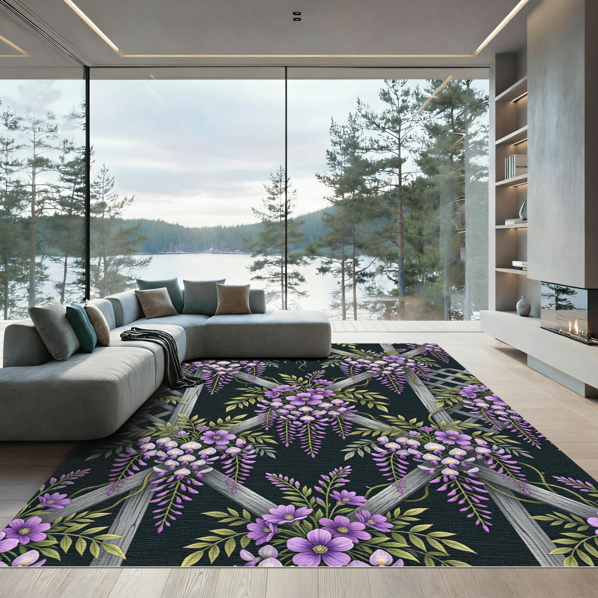 Purple Wisteria Lattice Garden Floral Rug