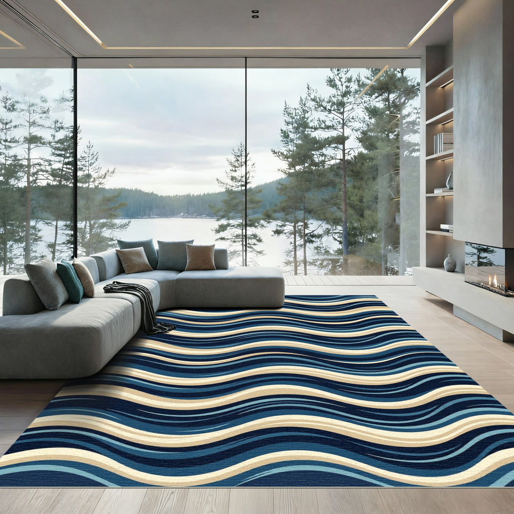 Navy Blue Cream Wavy Stripe Rug
