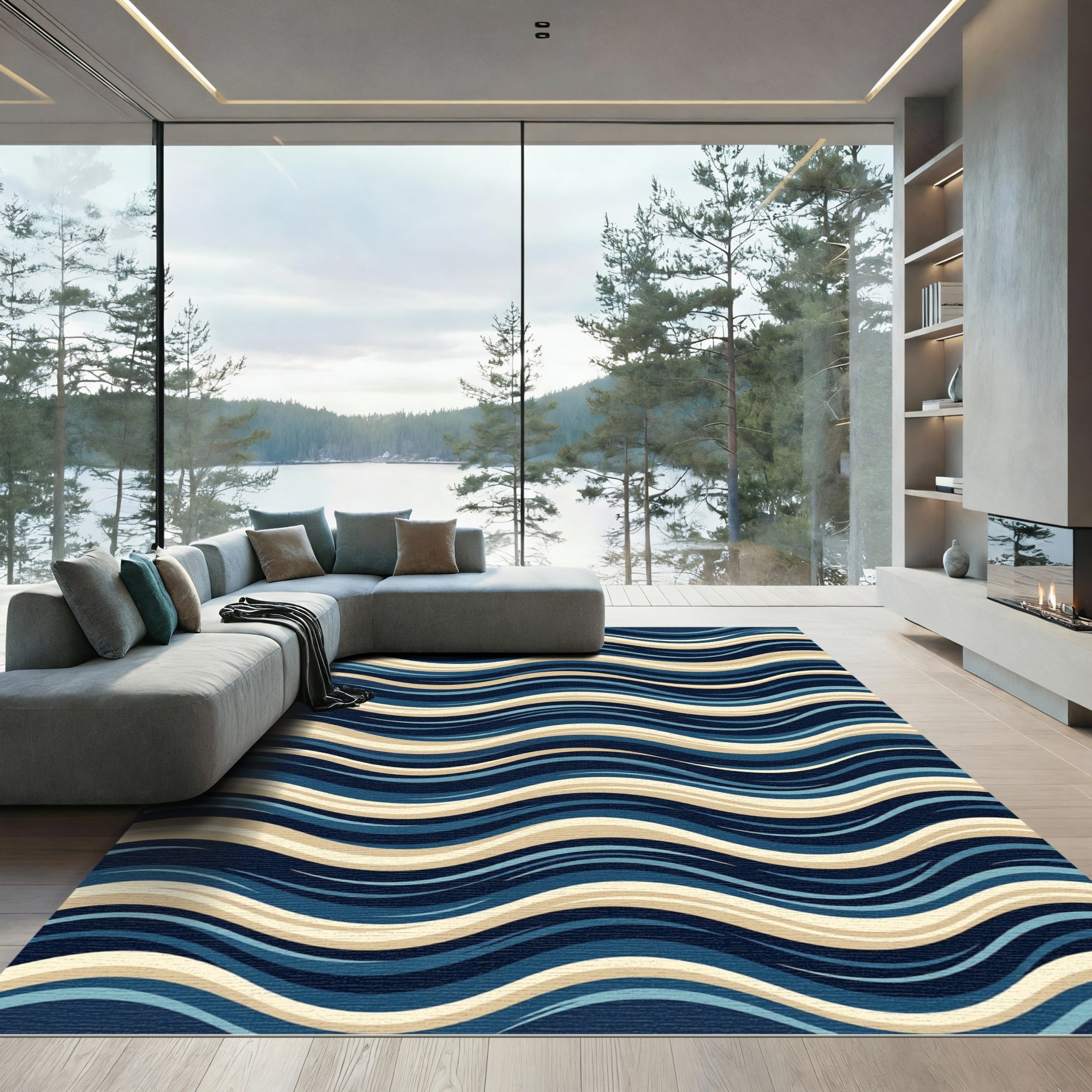 Navy Blue Cream Wavy Stripe Rug