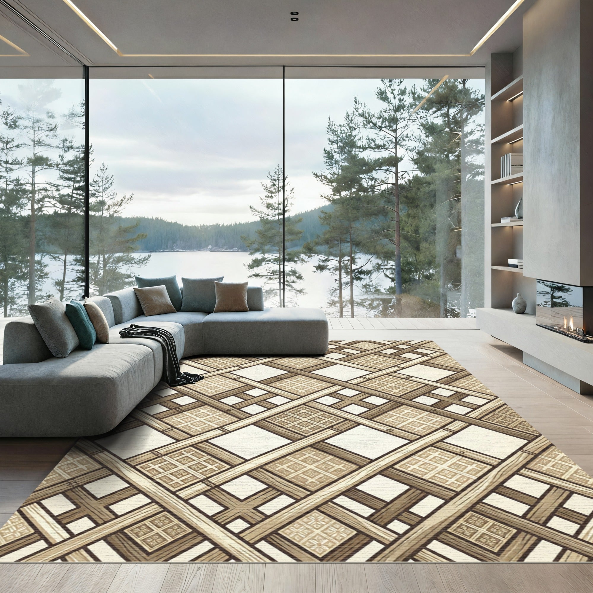 Geometric Lattice Woven Neutral Grid Rug