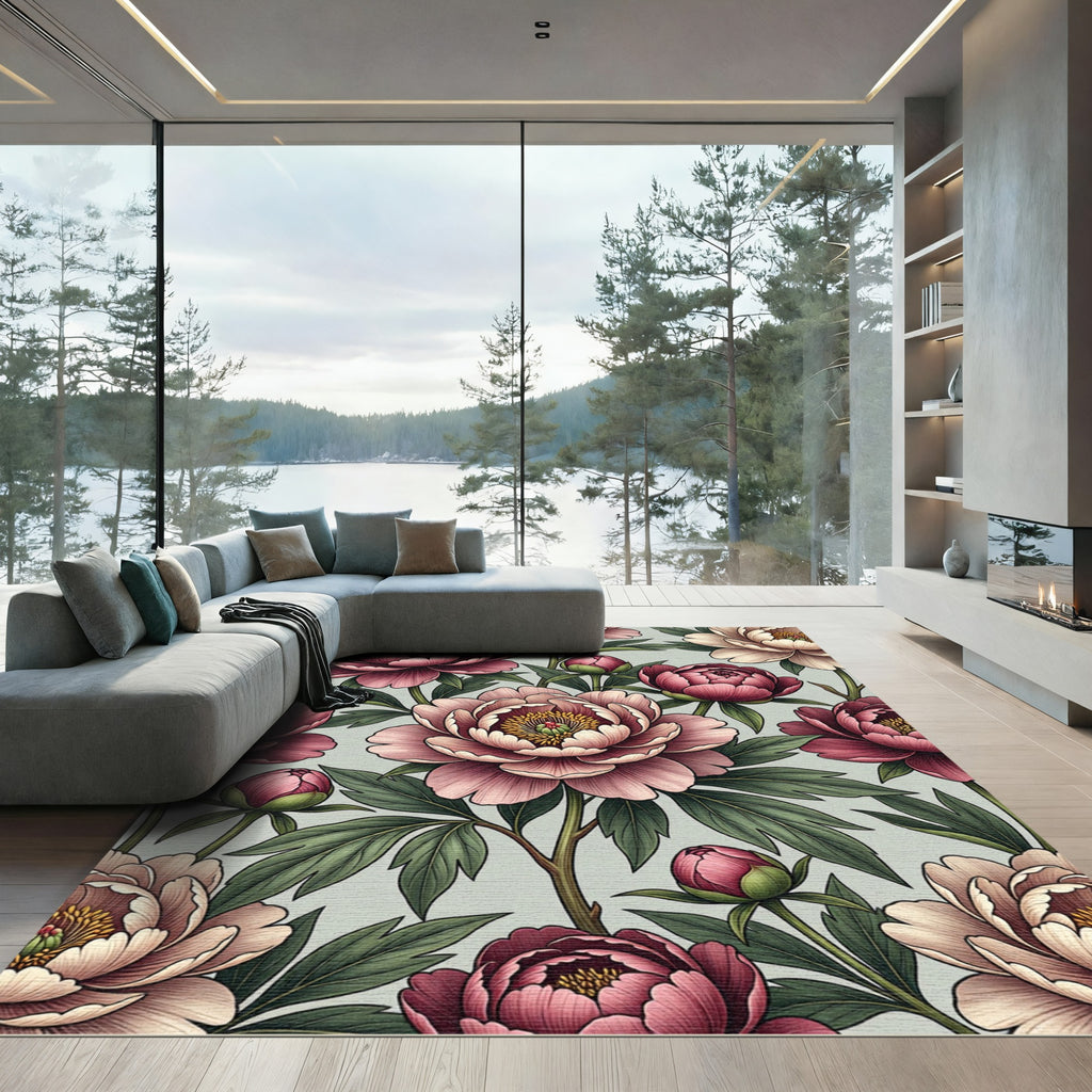 Grand Pink Peony Floral Garden Rug