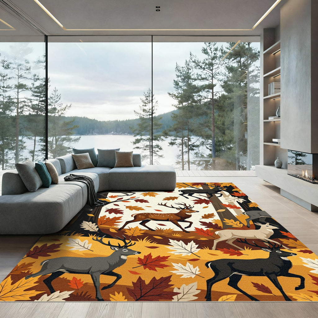 Autumn Forest Deer and Maple Foliage Rug