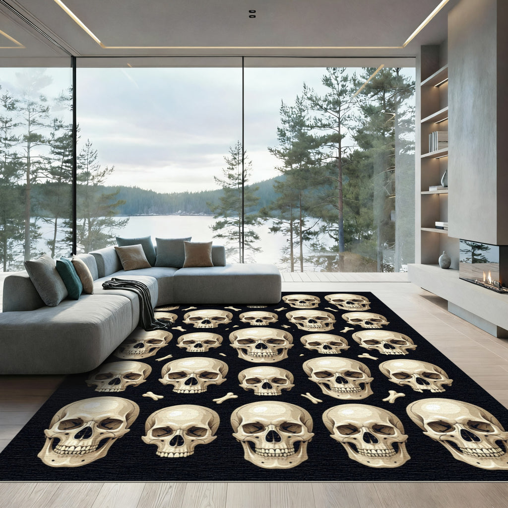 Monochromatic Skulls and Bones Tiled Art Rug