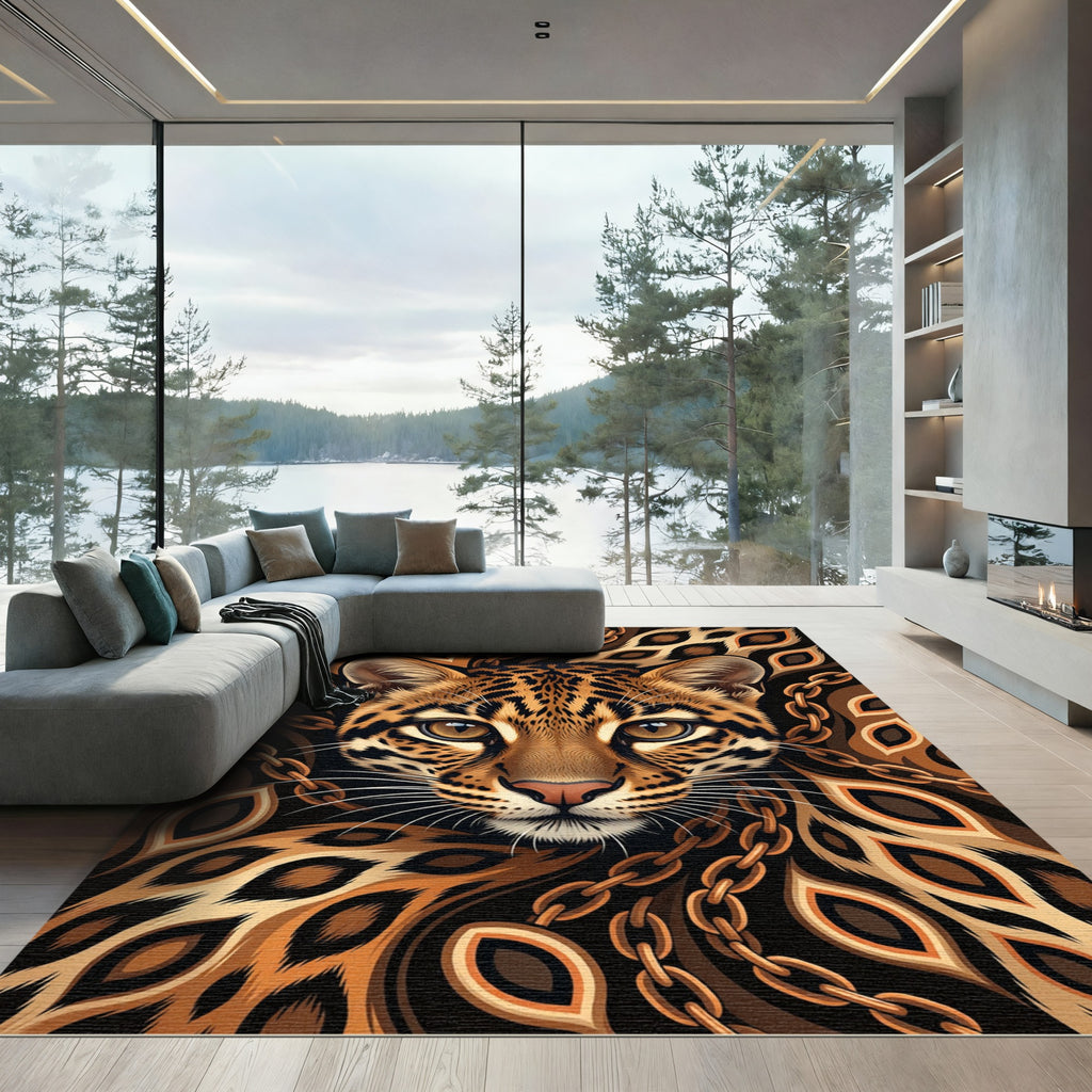 Ocelot Face Gold Chain Accents Rug