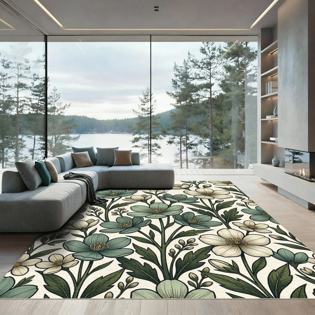 Sage and Cream Botanical Floral Garden Rug