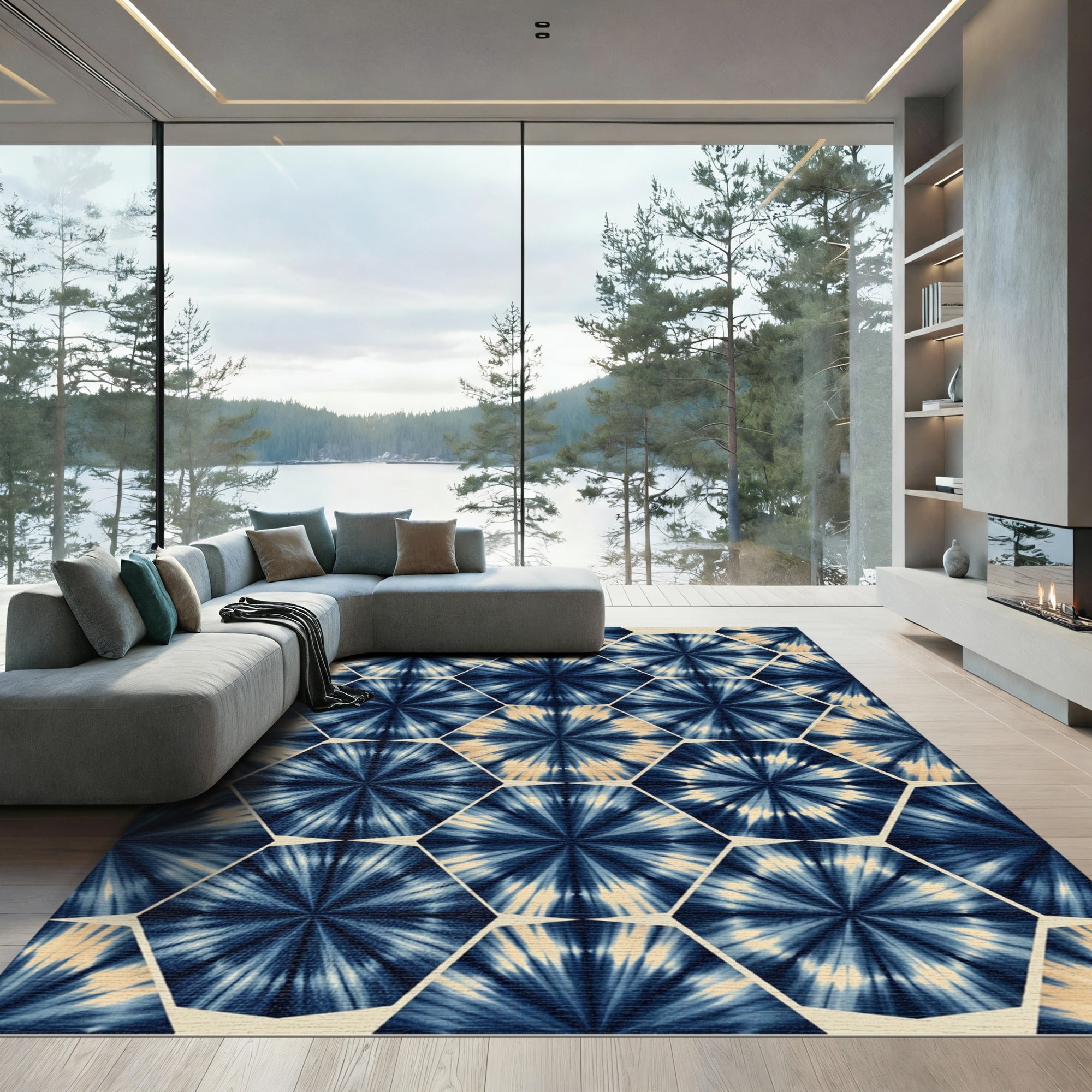 Indigo Tie Dye Hexagonal Burst Rug