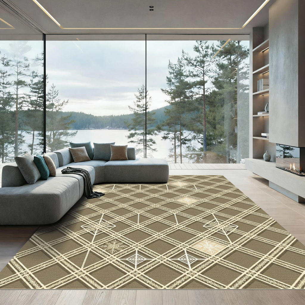Taupe Geometric Diamond Snowflake Grid Rug