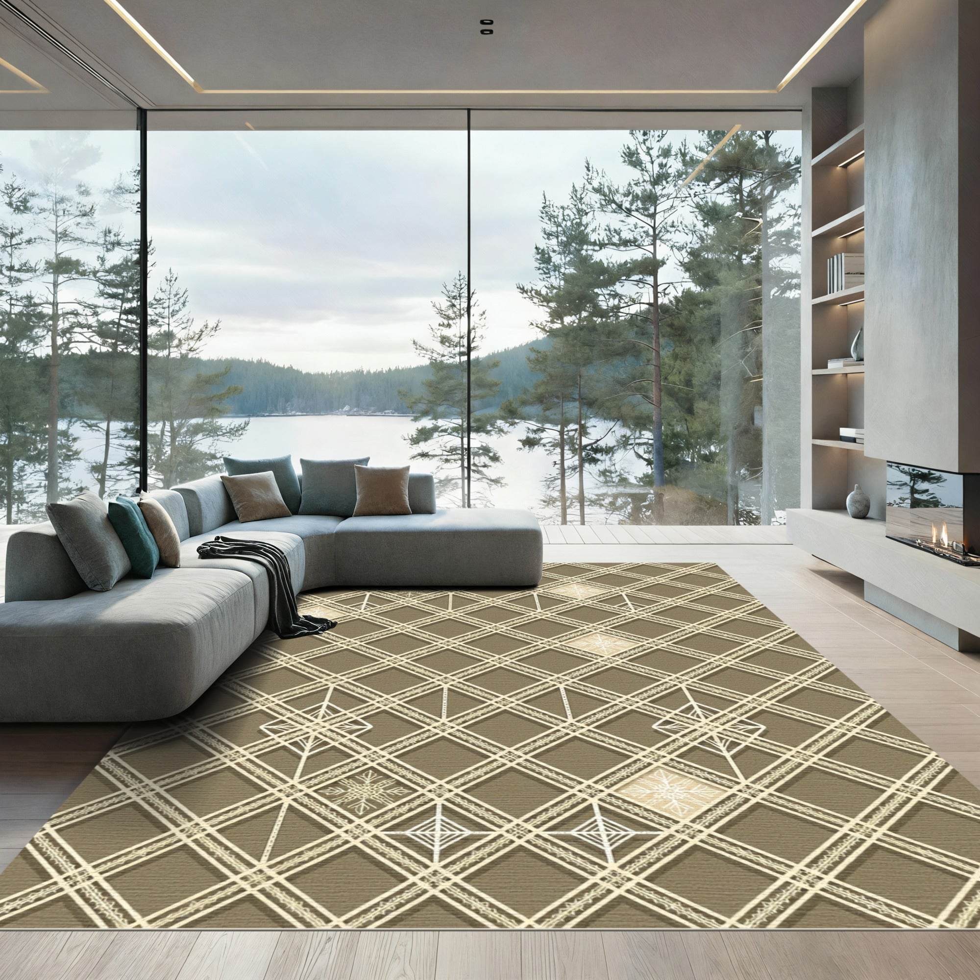 Taupe Geometric Diamond Snowflake Grid Rug