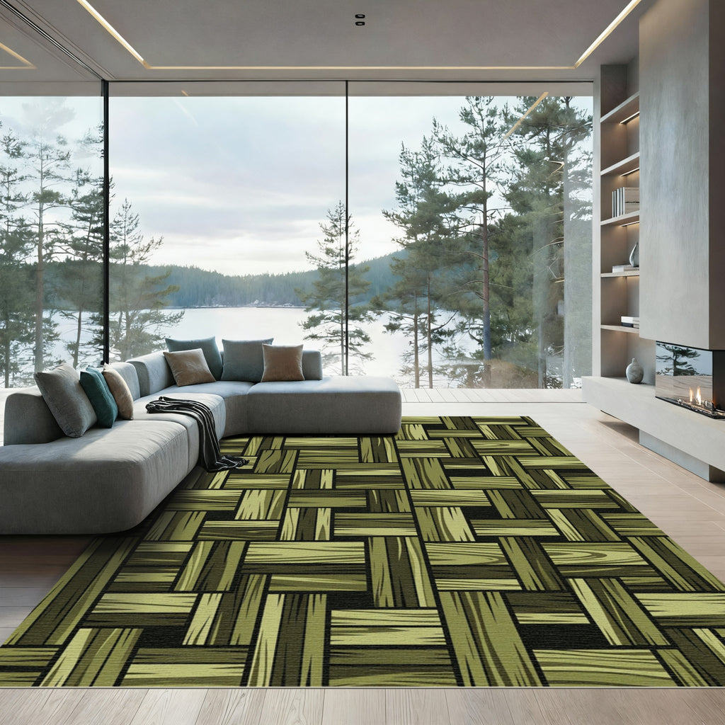 Olive Green Woven Wood Block Grid Rug