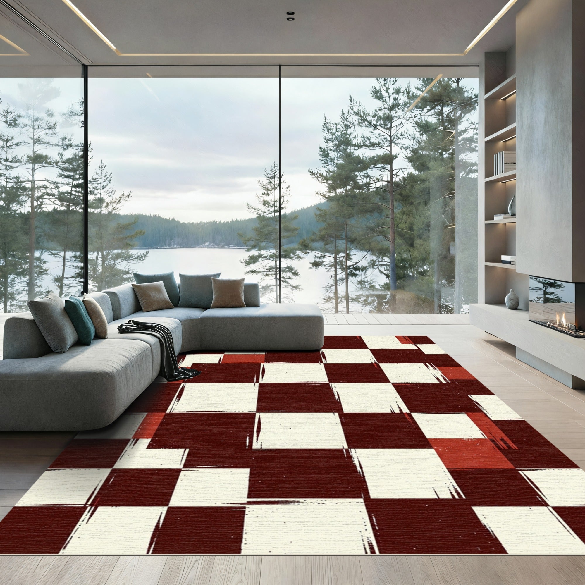 Distressed Burgundy and Cream Checkered Grid Rug