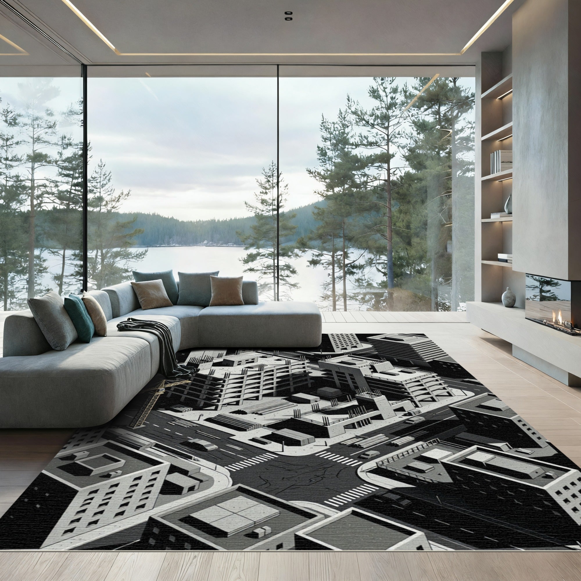 Monochromatic Isometric Cityscape Construction Rug