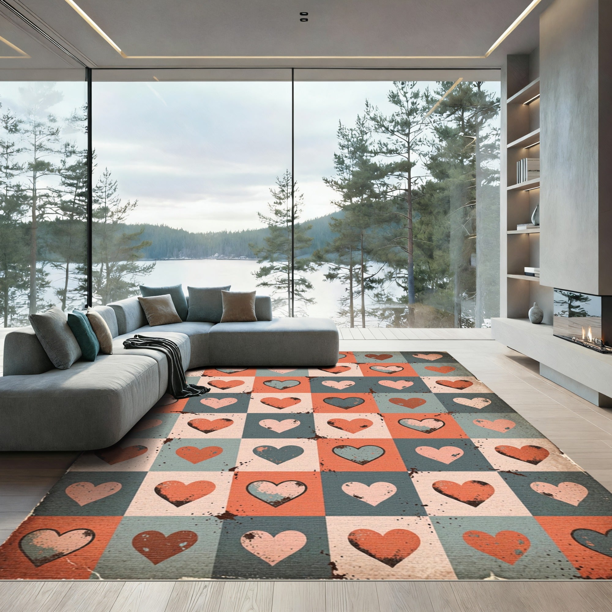 Distressed Retro Heart Grid Tile Rug