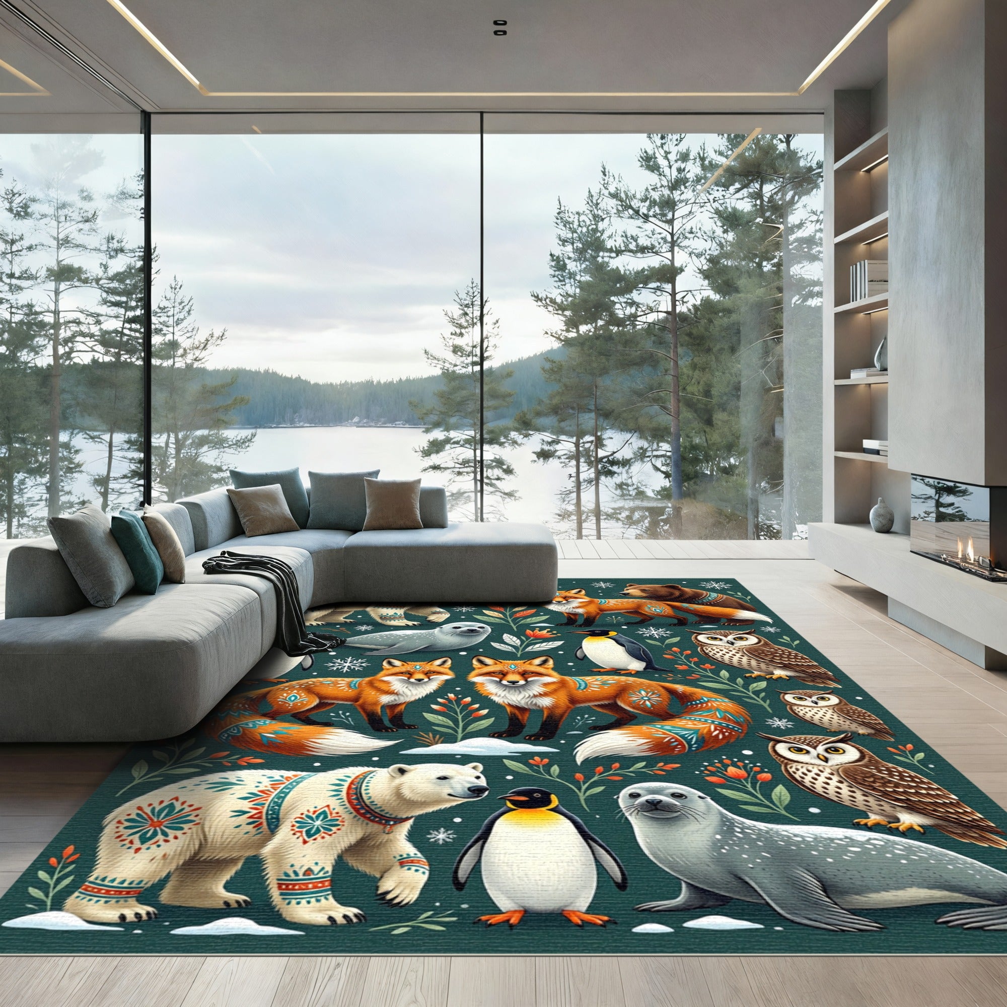 Whimsical Winter Forest Animal Ensemble Rug