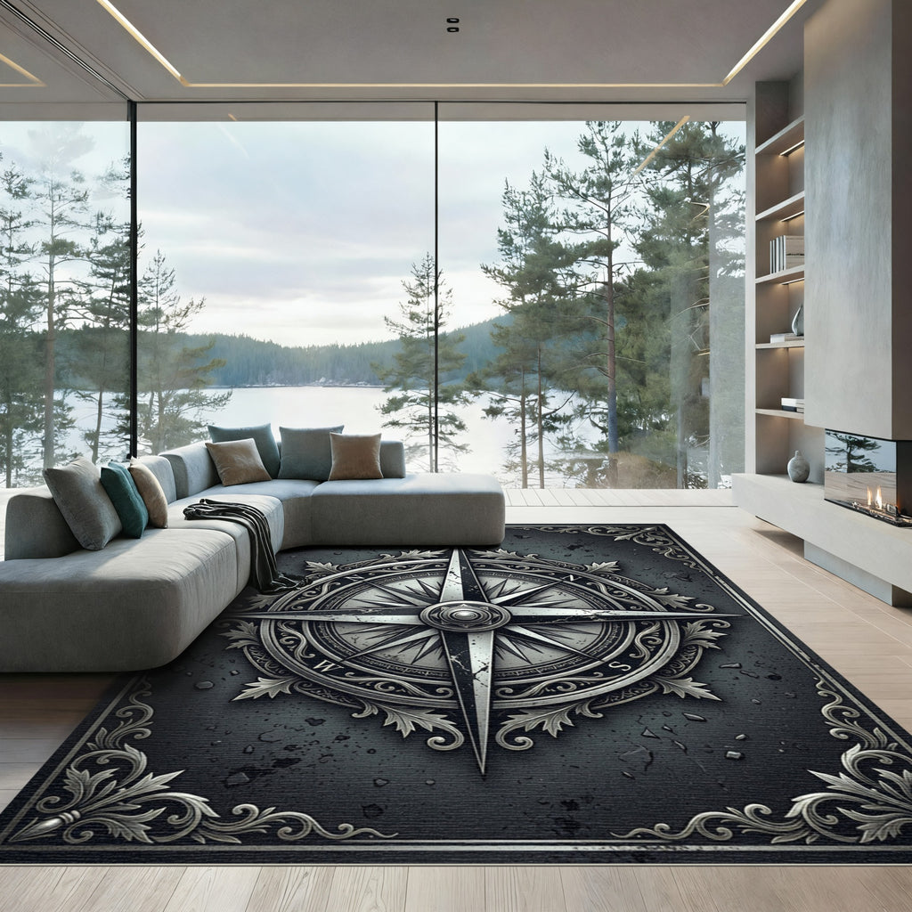 Vintage Silver Nautical Compass Medallion Rug